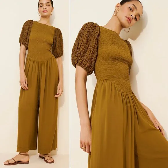 FREE PEOPLE Temperley Puff Sleeve JUMPSUIT Size S Ruched Wide Leg Olive NEW $228 - Picture 9 of 9